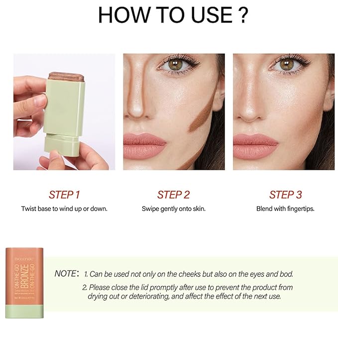 On-The-Go Bronzer Stick,Multi-Use Cream Contour Stick,Natural Long Lasting Face Bronzer,Smooth Highlighter Contour Stick,Bronze Contour Makeup Facial Shaping,02 Soft Glow