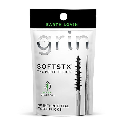 Grin Charcoal Infused Softstx, Gentle Dental Picks, 90 Count, Soft Flexible Bristles, Textured Plaque Removing Toothpick, Minty Flavor, for Between Teeth, Refillable Hygienic Case