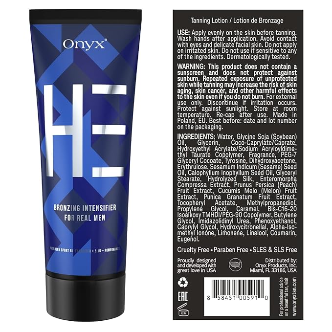 Onyx HE Tanning Lotion for Men - Indoor Tanning Accelerator with Bronzer - Mens Tanning Lotion for Quick & Dark Tan - Bronzing Lotion with Skin Firming, Muscle Bronzing Complex, & Moisturizing Formula