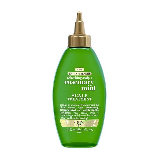 OGX Extra Strength Refreshing Scalp + Rosemary Oil Mint Dry Scalp Treatment, Peppermint & Witch Hazel Scalp Detox, Clarifying Leave-In to Help Remove Buildup and Refresh, Shiny Hair Finish, 4 fl oz