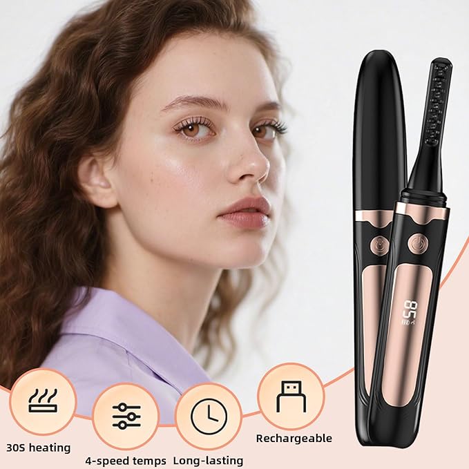 Heated Eyelash Curlers, Electric Eyelash Curler with LED Display, Rapid Heating Eyelashs with 3 Temp Setting, Rechargeable Eye lash Curler, Natural Curling 24H Long Lasting for Makeup Tools (Black)