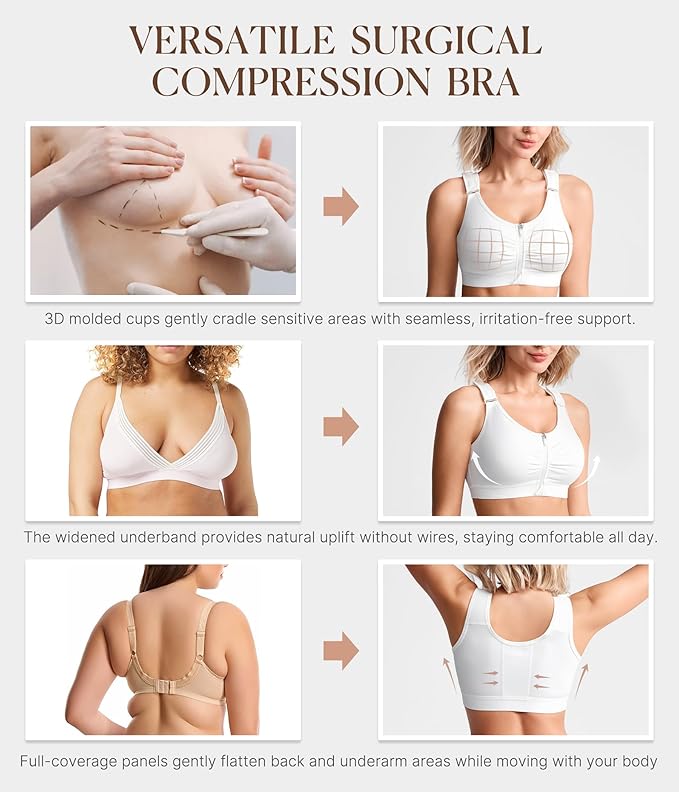 BRABIC Zip Front Closure Everyday Bra for Women Post Surgery Compression Support with Adjustable Straps Wirefree