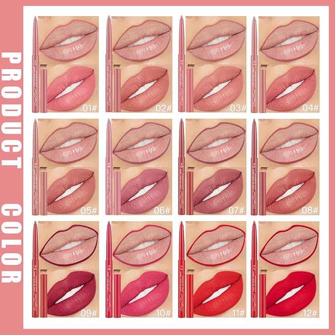 12 PCS Lip Liner Set, Matte Nude Lip Liner Pencil Set, Longwear Lip Liners Set, Waterproof Lipliner Lip Pencil Set, Richly Pigmented Lip Liner and Lipstick, Luxury Intense Lip Liner Pack