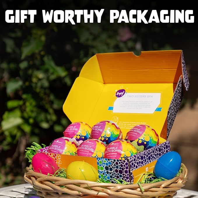 Easter Bath Bombs for Kids with Surprise Toys Inside (6 Pack) - Easter Basket Stuffers for Boys and Girls - Large Spring Bubble Bomb, Made in USA, Incredible Fragrances & Colors by Two Sisters