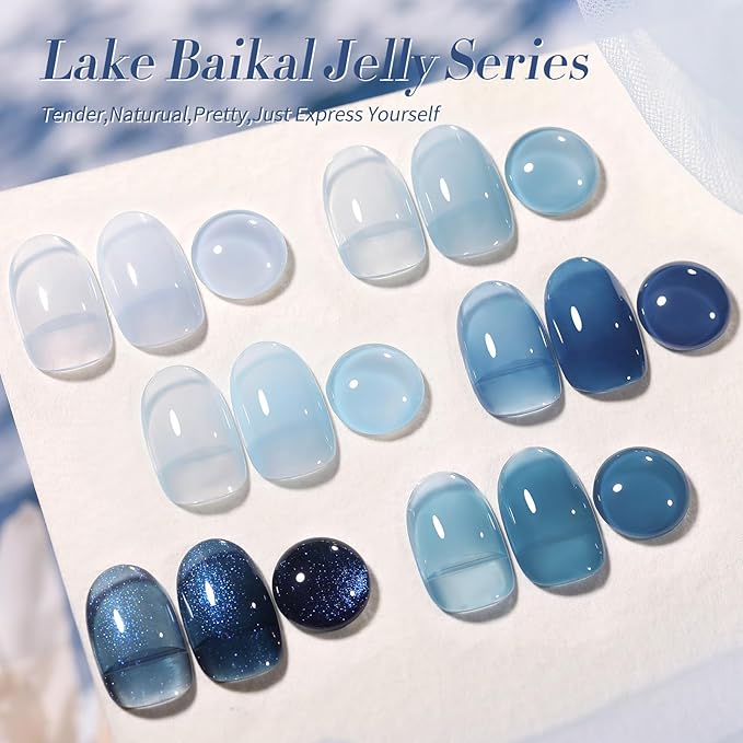 BORN PRETTY Jelly Blue Gel Nail Polish Set 6 Colors Translucent Light Blue Baby Blue Royal Blue Reflective Glitter Blue Nail Gel Kit Soak Off Nail Art Manicure Design Home Salon Holiday Gift