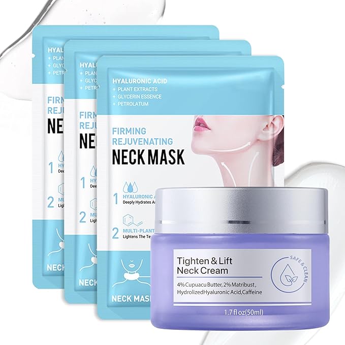 Neck Firming Cream and Neck Mask Set,Non-greasy Tighten Lift Firming Face Cream Skincare Moisturizer, 3 Pieces Deep Moisturizing Masks for Tightening, All Skin Type, 4 Pack