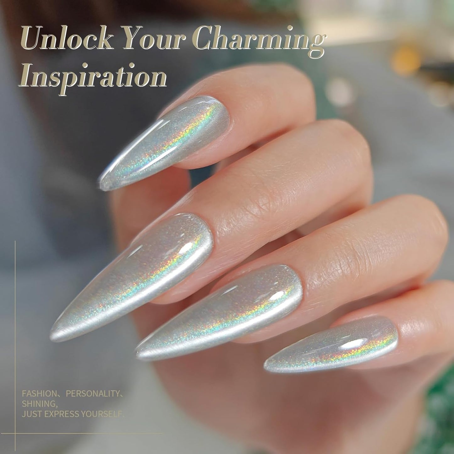 Born Pretty White Glitter Cat Magnetic Eye Gel Nail Polish, Holographic Glitter Iridescent Gel Nail Polish Soak Off Led Gel Nail Polish Nail Art Gel Manicure Salon DIY Gifts 15ML