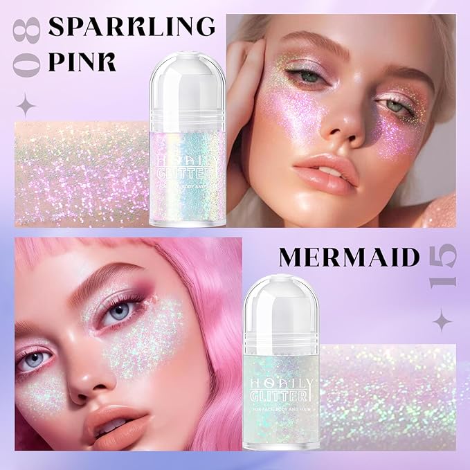 2 Colors Roll-on Body Glitter Gel, Holographic Glitter Gel Under Light for Face Hair, Body Shimmer for Rave Accessories Christmas New Year Halloween Makeup (8+11)