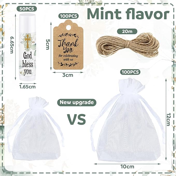 Demissle 50 Pcs Baby Shower Lip Balm Gift Set with 100 Pcs Organza Bags Baby Shower Party Favor for Guest Thank You Tag Rope Baby Shower Party Decoration Gender Reveal Souvenirs (God Bless You)