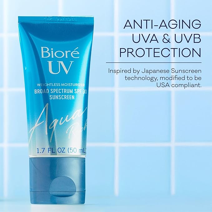 Biore UV Aqua Rich SPF 30 Daily Moisturizer Sunscreen for Face, For Sensitive Skin, Oil Free, Hyaluronic Acid, Vegan, Oxybenzone & Octinoxate Free, Dermatologist Tested, 1.7 Oz, 3pk