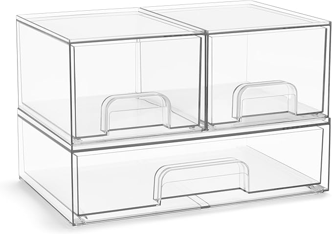 Sorbus Acrylic Storage Containers - 3 Pack, Stackable Storage Bins Set for Bathroom Organization - Clear Acrylic Drawer Organizers - Makeup Case Pull-Out Drawers (4.4’’ Tall and 12.1’’ Wide)