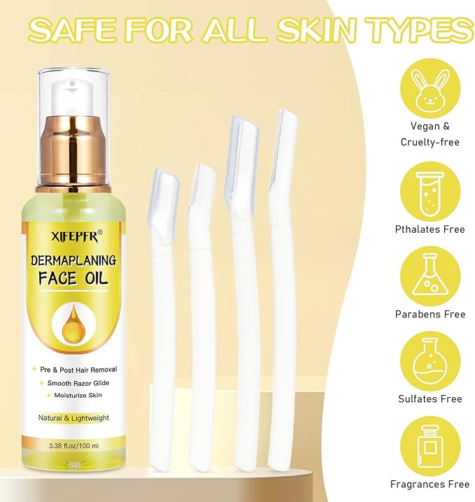 Dermaplaning Kit, Dermaplane Oil with Dermaplaning Tools, Shave Oil for Women, Softens Area Pre Shave & After Shave, Use with Face Razor, Face Shaver, Eyebrow Razor, Microblade
