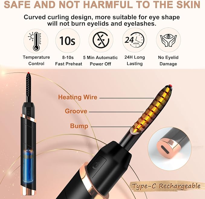 Heated Eyelash Curler, Electric Eyelash Curler, Rechargeable Lash Curler for Makeup Natural Curling Eye Lashes and 24 Hours Long Lasting - Black 2025 Updated New Model B