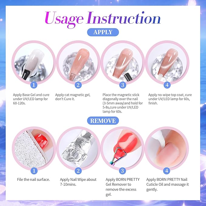 Born Pretty Magnetic Gel Nail Polish Set,Purple Blue Cat Magnetic Eye Gel Jelly Glass Crystal Magnetic Gel Polish Nail Art Manicure Kit 6PCS