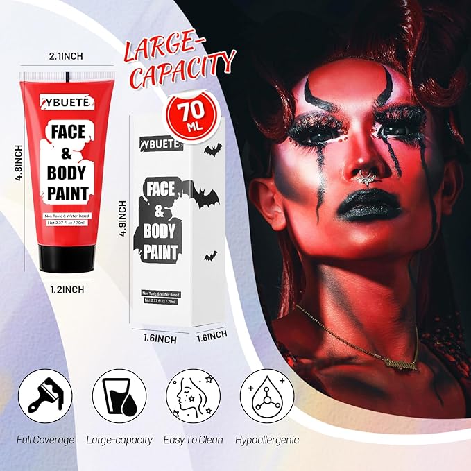 Devil Red Water Based Face Body Paint, 2.37 OZ Large Tube Full Coverage Face Paint for Cosplay Joker Vampire Spiderman, Washable Red Body Painting Cream for Adult Carnival Halloween SFX Makeup