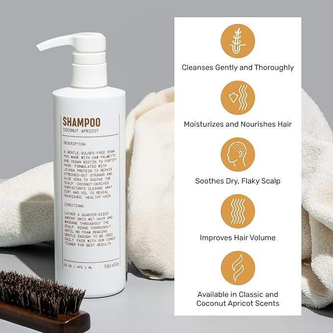 Blu Atlas Men's Natural Shampoo – Organic, Sulfate-Free, Paraben-Free – Deep Cleansing & Hydrating – Coconut Apricot Scent – Made in America – 16 oz