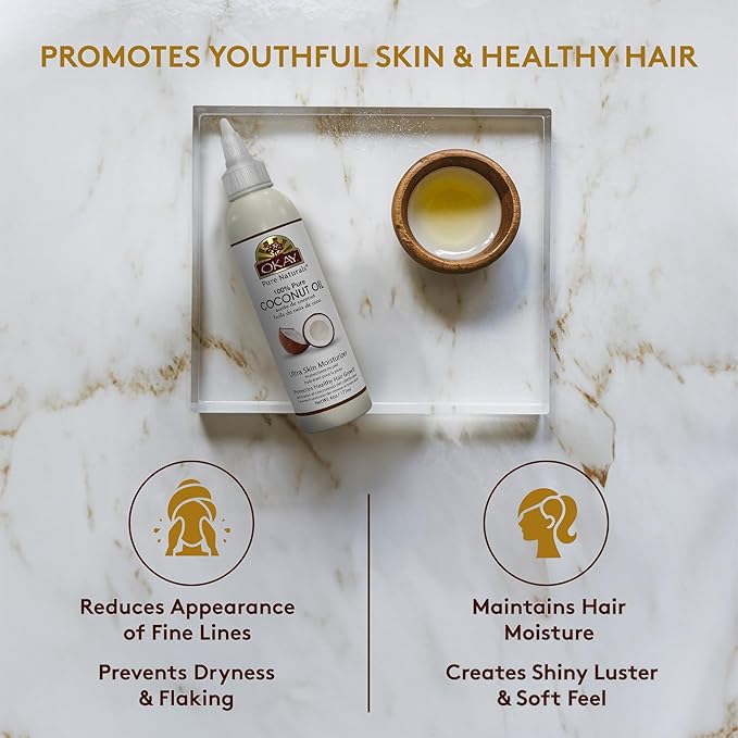 Okay 100% Pure Coconut Oil for Hair & Skin - Coconut Oil for Women & Men, Perfect for Body & Face, for Massage & Moisturizer, Natural - 6 Fl Oz Squeeze Bottle (Pack of 1)