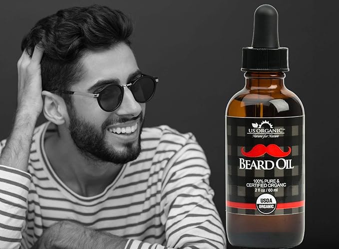 US Organic Beard Oil, 100% Pure, USDA Certified, Softens, shine, moisturizes, Amber Glass Bottle with Eye Dropper, 2 Ounce