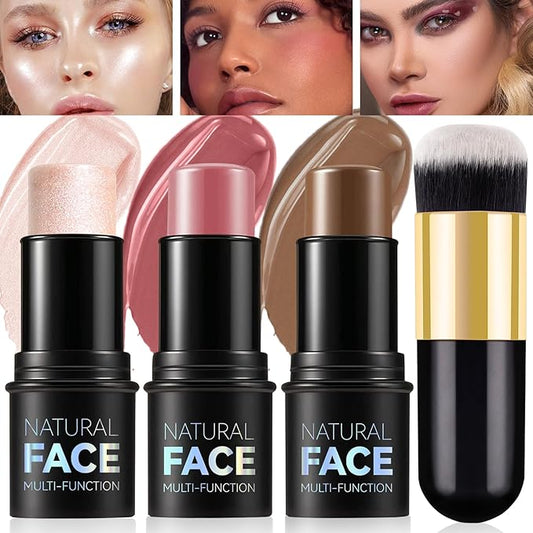 3Pcs Cream Contour Stick Makeup Kit - Cream Blush Stick Highlighter Stick Contour Bronzer Stick for Cheeks, Waterproof Long Lasting Blendable, Contour Stick Trio for Face Makeup (#02, 05, 06)