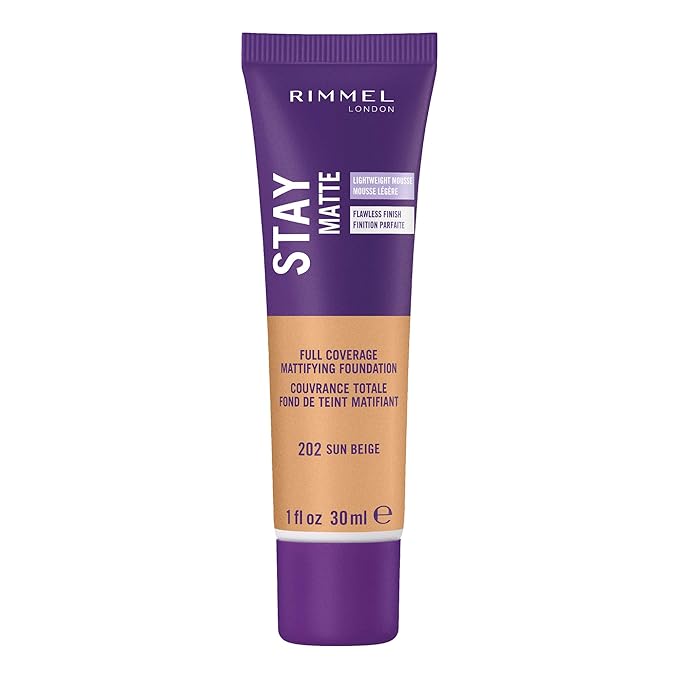 Rimmel London Stay Matte Liquid Mousse - 202 Sun Beige - Foundation, Lightweight, Shine Control, Oil-Free, 1oz