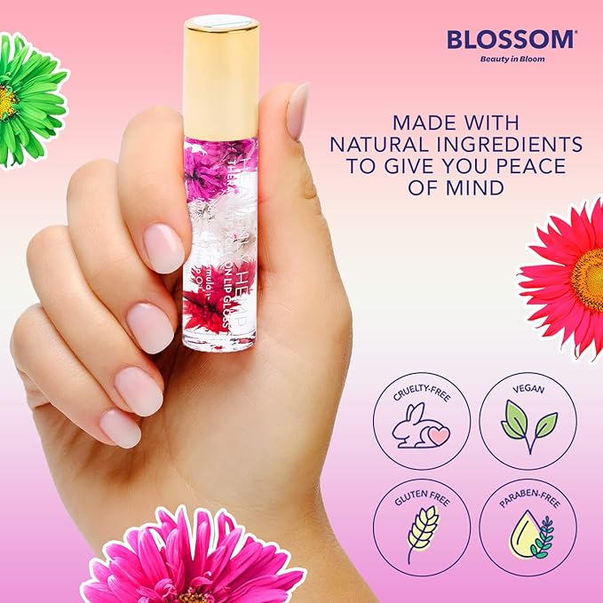 Blossom Roll on Lip Gloss, Scented Clear High Shine Moisturizing Lip Oil, Non Sticky, Infused with Real Flowers, Made in USA, 0.2oz, Watermelon Hemp