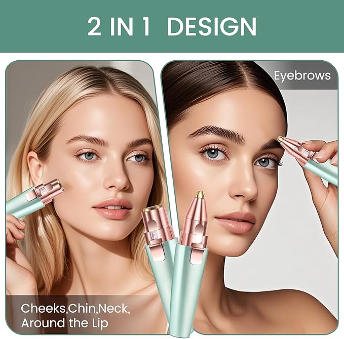 Hatteker Eyebrow Facial Trimmer, 2 in1 Rechargeable Hair Removal and Eyebrow Shaver - Face Lips Body Painless Razor with Built-in LED Light (Green)