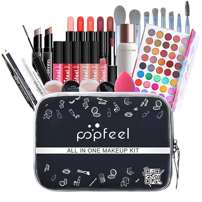 Makeup Kit for Women Full Kit, with Professional Make Up Bag Eyeshadow Red Lipstick, Powder Brush, Concealer, Glitter Lip Gloss, Waterproof Mascara, Eyebrow Pencil, Birthday Gift for Mom Sister