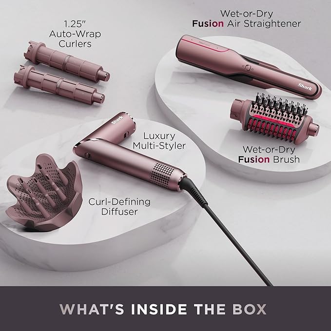 Shark FlexFusion Hair Straightener & Powerful Hair Dryer with Diffuser, Fusion Hair Brush, Ceramic Air Styler with Auto-Wrap Hair Curlers, Ceramic Plates, Cosmic Blush HD642S