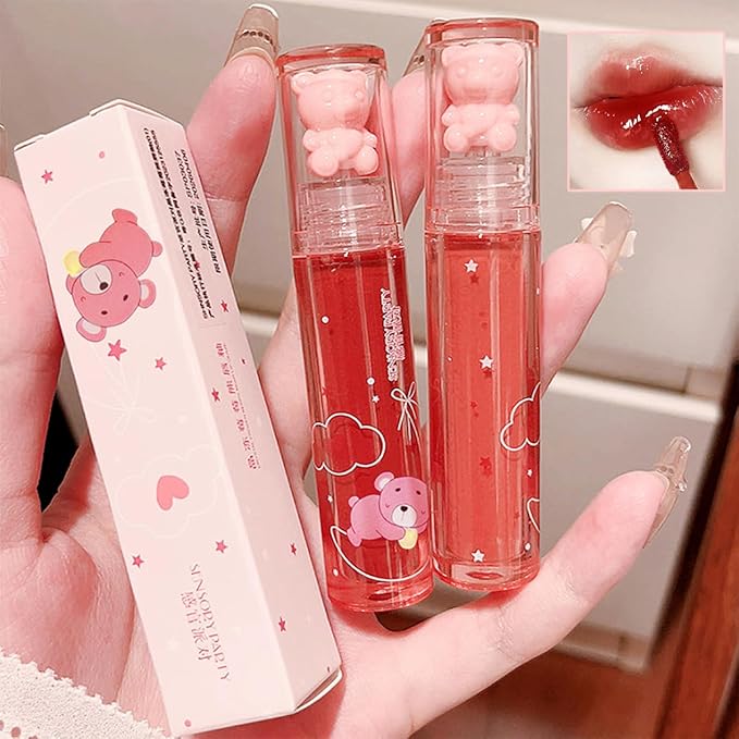 4Pcs Bear Lip Glaze Hydrating Jelly Lip Gloss,Jelly Liquid Lipstick Cute Bear Lipgloss Moisturizing Lip Stain Plumping Water Lip Gloss Waterproof Long Lasting Cheek Rouge Tint Makeup (4, A)