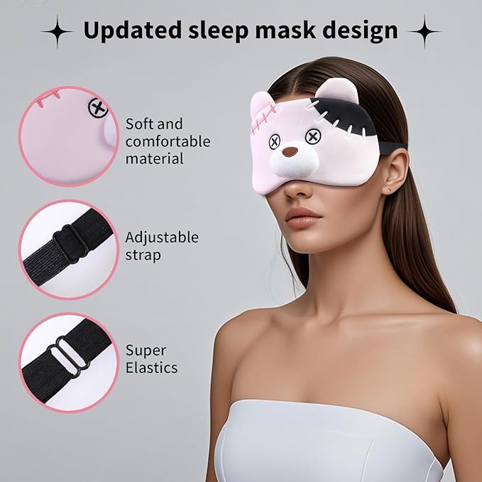 PERFECTSIGHT Sleep Eye Masks, Cute Plush Sleep Eye Cover Lightweight Adjustable Eyeshade Faux Fur Mask Cover for Women Men Kids Sleep Travel Nap, Pink Pudding Bear