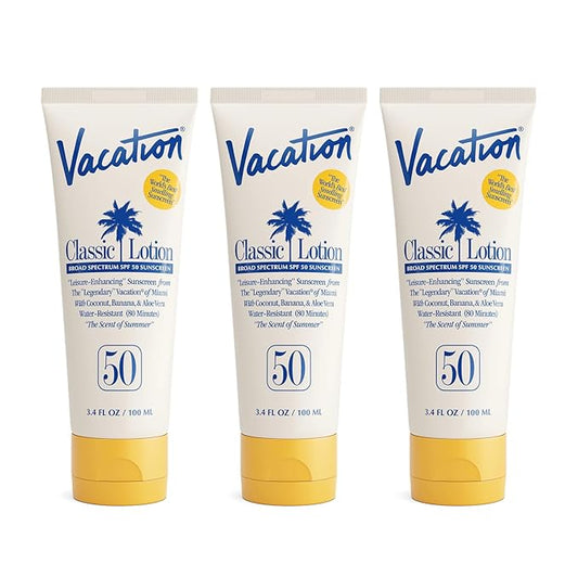 Vacation Classic Sunscreen Lotion SPF 50, Water-Resistant, Lightweight, Transparent on All Skin Tones, Dermatologist-Tested, Vegan, Travel Size, 3.4 Fl. Oz. (Value Pack of 3)