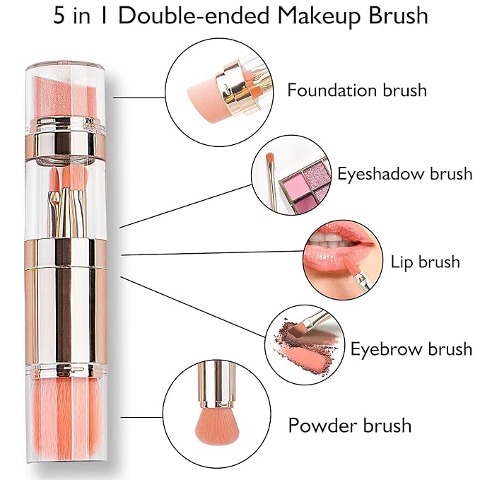 kullder Travel Makeup Brush 5 in 1 Makeup Brush set Blend Sponge Eyebrow Eyeshadow & Blush Brushes for Foundation Concealer Double Ended Makeup Brush with Powder Puff Ideal Womens Gifts