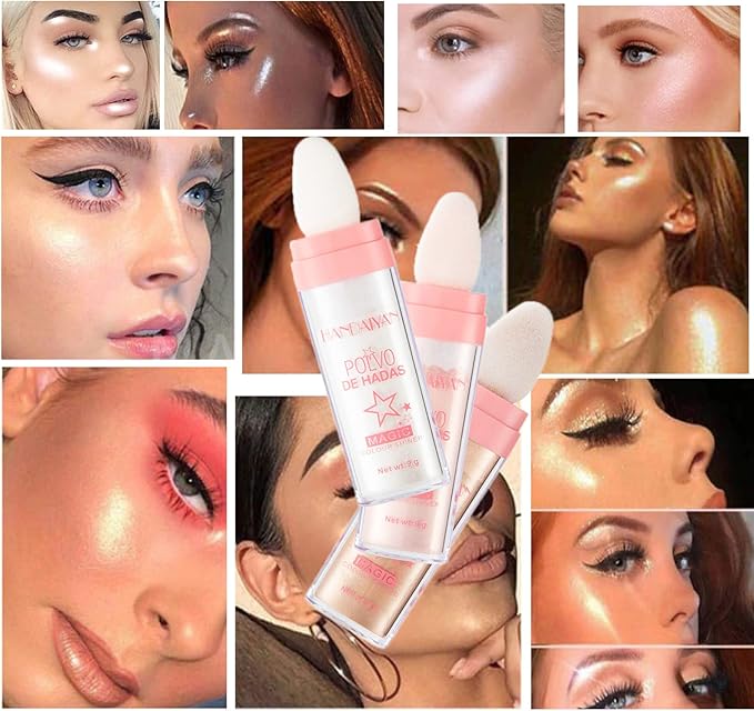 Polvo De Hadas - Body Glitter Highlighter Powder Fairy Stick for Makeup Shimmer and Shine High Gloss Blush Contour Powder Makeup - 3 Colors Sparkle Patting Powder For Hair Face Eyes Body