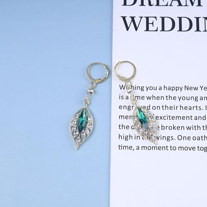 Vintage Emerald Leaf Earrings Rhinestone Leaf Drop Earrings Green Emerald Dangle Earrings Gold Crystal Leaf Hoop Earrings Jewelry for Women