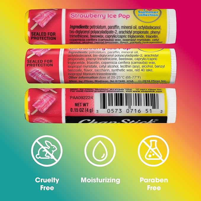 ChapStick Lip Moisturizer, Strawberry Ice Pop, 12-Pack – Limited Edition Bulk Lip Balm, Sweet & Refreshing, 0.15 Oz Ea