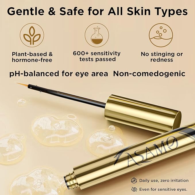 Eyelash Growth Serum & Eyebrow Growth Serum – 15 Plant Extracts with Biotin for Longer, Fuller, Thicker Lashes, Natural Vegan Gentle Nourishing Lash Enhancer (Gold Black)