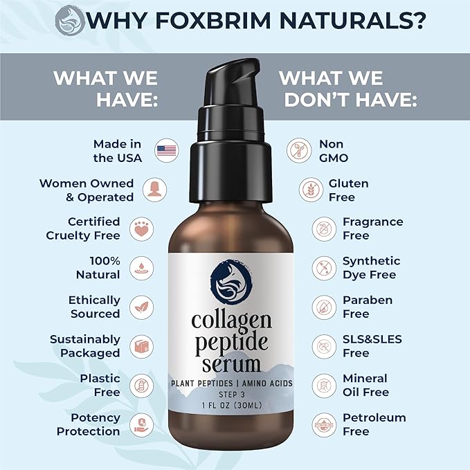 Peptides Serum for Face - Collagen Booster - Anti-Aging - Tighten Lift Hydrate & Plump All Skin Types, Reduce Fine Line & Wrinkles, All Natural Ingredients - Foxbrim Naturals (1 Fl Oz)