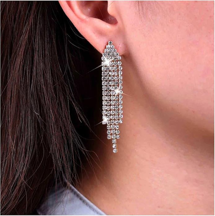 Vintage Rhinestone Chandelier Tassel Earrings Crystal Chain Drop Earrings Gold Long Tennis Chain Earrings Shine Chandelier Bridal Earrings Jewelry for Women
