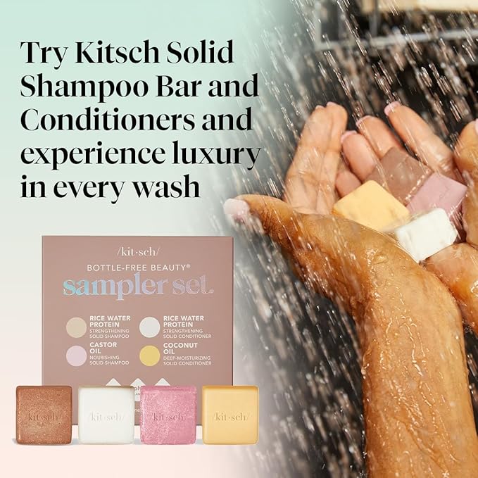Kitsch Shampoo and Conditioner Set - 4pc Sampler Bars with Rice Water Shampoo and Conditioner, Castor Oil Shampoo & Coconut Oil Conditioner - Bottle-Free Beauty for Hair Growth, Repair & Moisture