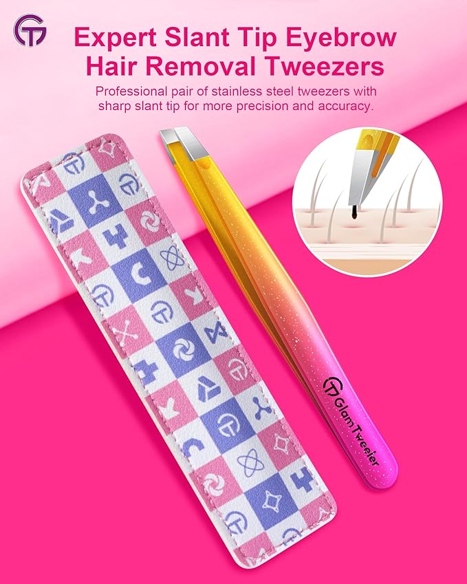 Expert Eyebrow Hair Removal Tweezer with Leather Case, GlamTweeler High Precision Slant Tip Stainless Steel Tweezers for Men and Women (Sparkle Fuchsia & Yellow)