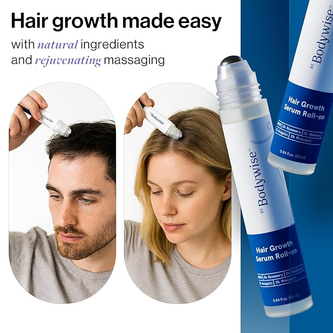 Be Bodywise Rosemary Hair Growth Serum Roll On 25 ml – 3% Rosemary, 3% Redensyl & 2% Anagain | DHT-Blocking Scalp Serum Boosts Oxygen Flow, Reduces Hair Fall | Paraben/Sulfate-Free | Women & Men