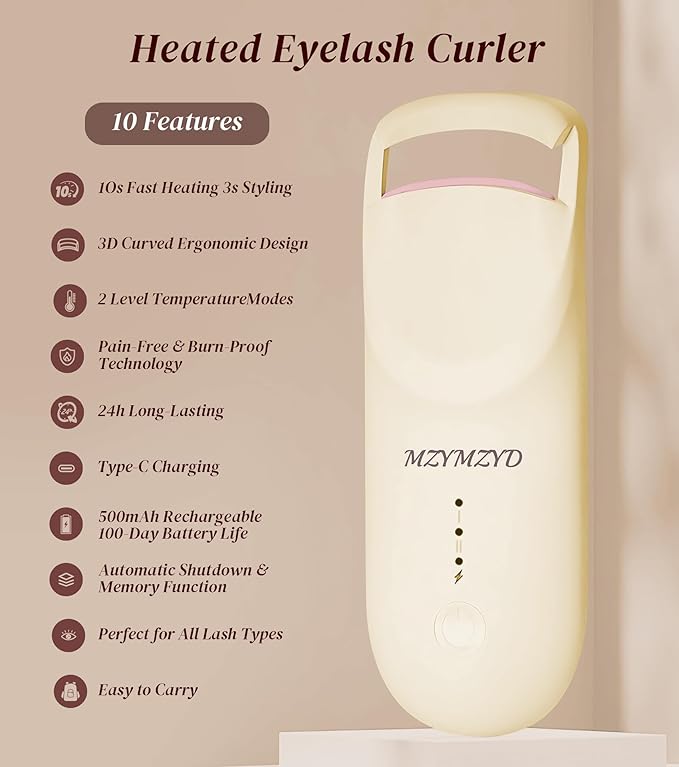 Heated Eyelash Curler, Eyelash Curlers with 10S Quick Heat-Up, 2 Temp Settings, 3S Styling & 24H Long-Lasting Natural Curl, Type-C Recharge, Mini Electric Eyelash Curler for Travel - Apricot