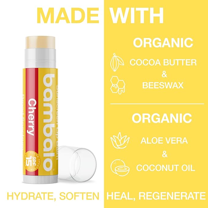 4-Pack Cherry SPF 15 Lip Balm - Organic Ingredients, Broad Spectrum UVA/UVB Protection - Hydrating & Moisturizing, USA Made