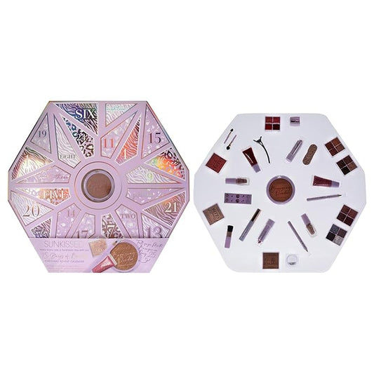 Sunkissed Christmas 25 Days of Beauty - Face, Lips and Eye Makeup - 2 Nail Polishes and 3 Cosmetic Brush Applicators - Vegan Formula - 25 Makeup Products and Accessories - 1 pc Gift Set