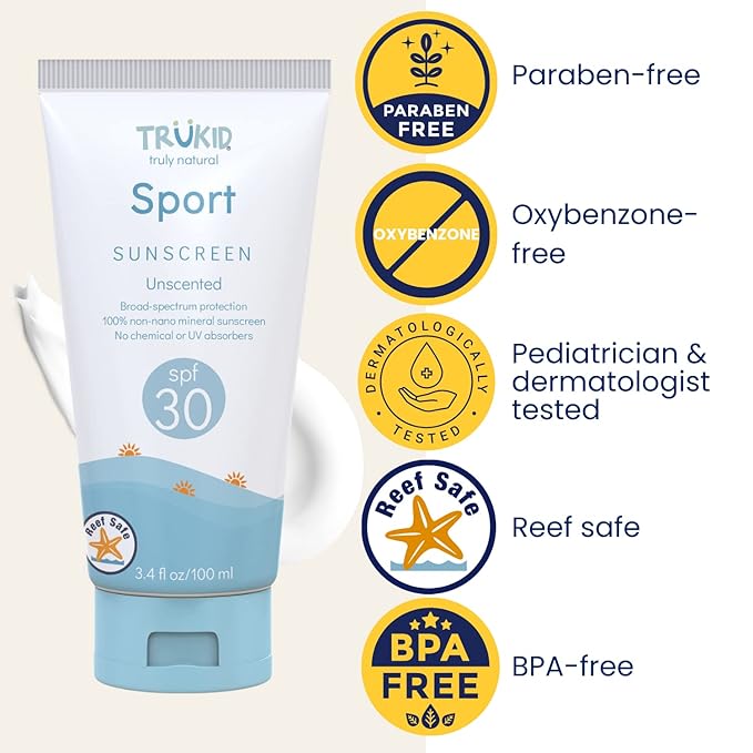 TruKid Sport SPF30 Face Sunscreen Unscented 3.4oz Baby Sunscreen, Natural Ingredients Kids Sunscreen, Reef-Friendly Travel Size Sun Screen, Beach Defense Sunscreen for Kids, Toddlers, Babies & Adults