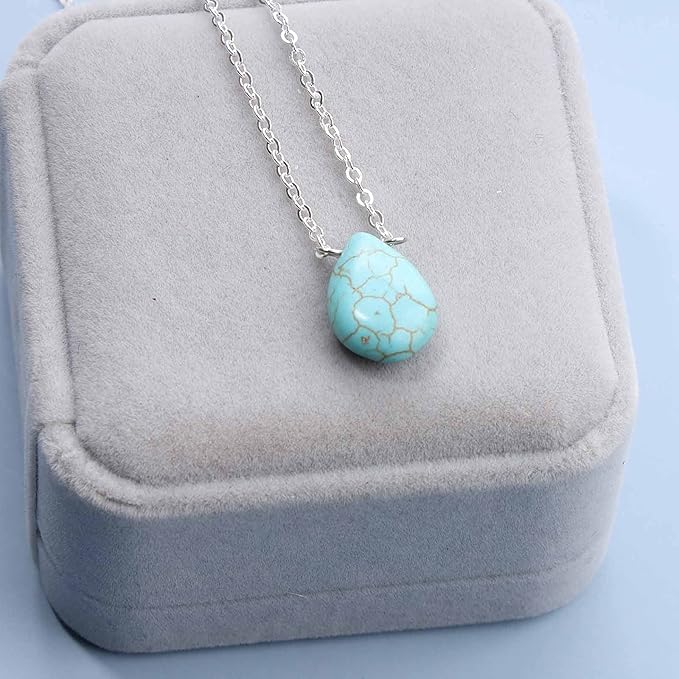 Boho Long Turquoise Necklace Silver Teardrop Turquoise Necklace Blue Turquoise Pendant Necklace Vintage Long Pendant Chain Necklaces Jewelry for Women and Girls