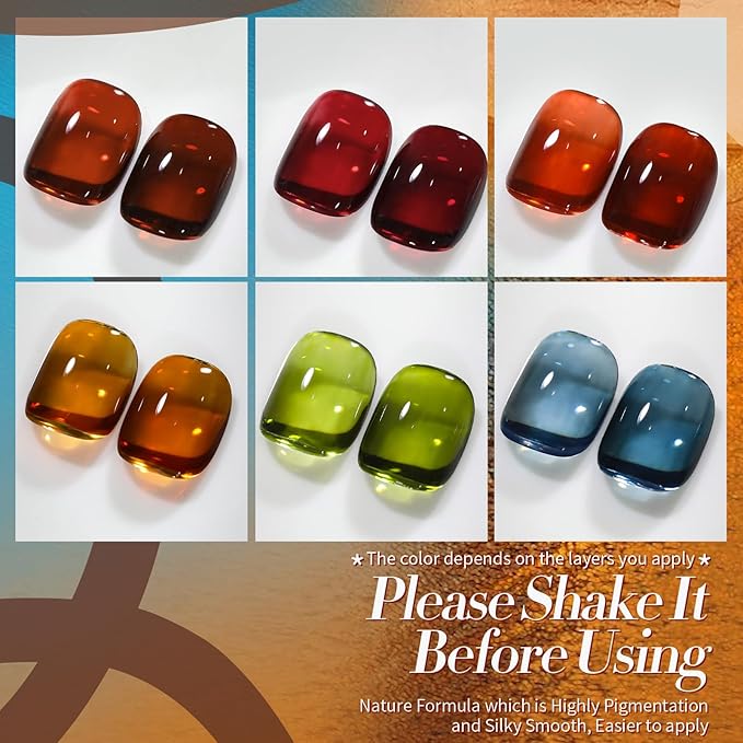 Born Pretty Jelly Gel Nail Polish, Sheer Transparent Crystal Gel Nail Polish, Christmas Brown Red Orange Green Blue Fall Winter Soak off Nail Polish Manicure DIY Home Salon Christmas Gift 7ml 6colors