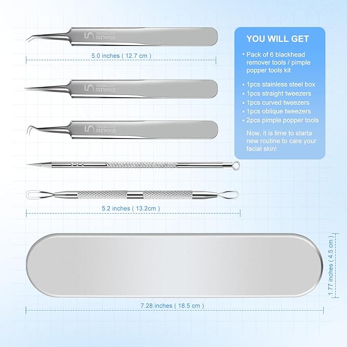 Blackhead Remover Tweezers, Pimple Popper Tool Kit, Ingrown Hair Tweezers, Blackhead Extractor, Skin Zit Acne Blemish Popping Removing Surgical Tweezers Tools for Nose Eye Face