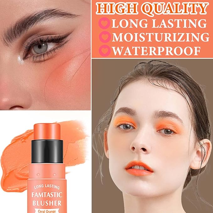 Cream Blush Stick,Blush Stick for Cheeks with Contour Brush,3-in-1 Long Lasting Waterproof Blush&Eye Shadow&Lip Gloss for Natural Skin Types（03 Citrus Pink）