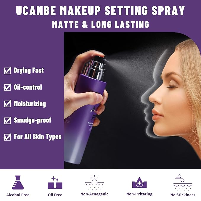 UCANBEMAKUP Long Lasting Makeup Setting Spray Kit- 6.76 Fl oz Hydrating Matte Finish Mist Lightweight Face Make up Fixer +Translucent Loose Setting Powder+2PC Sponge Puff Set